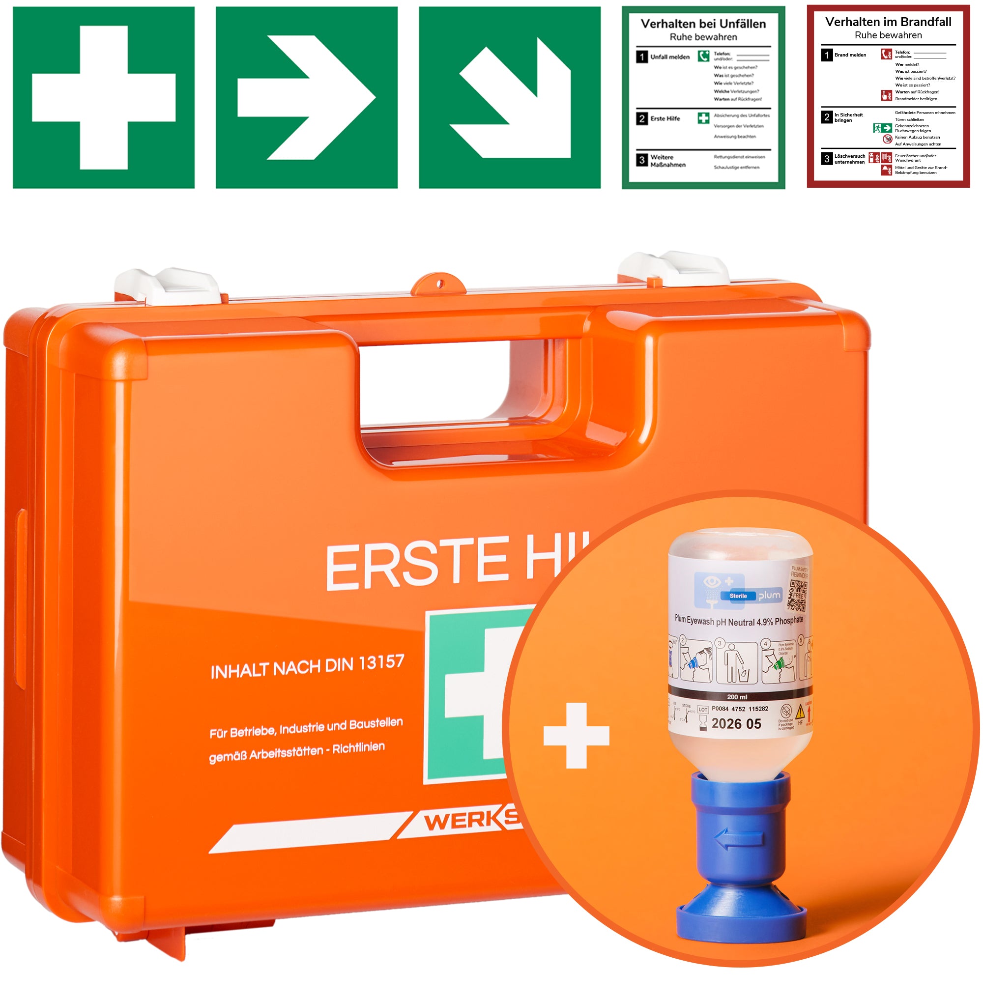 Erste Hilfe Kasten I nach neuer DIN 13157:2021 I inkl. Augenspülflasche 200ml (Phosphatlösung)