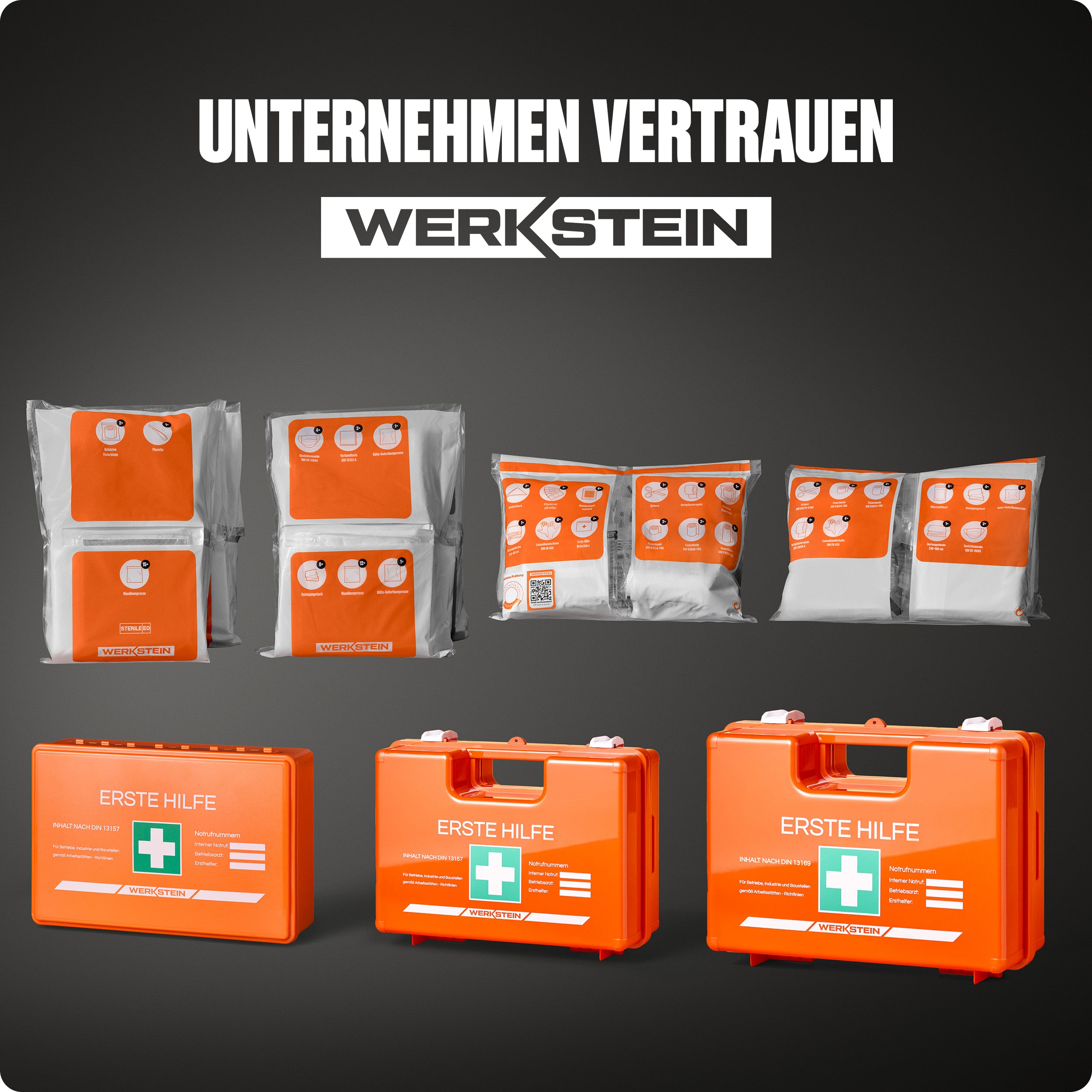 Werkstein Erste Hilfe Koffer und Nachfüllset Vergleich verschiedene Größen und Ausführungen für Betriebe
