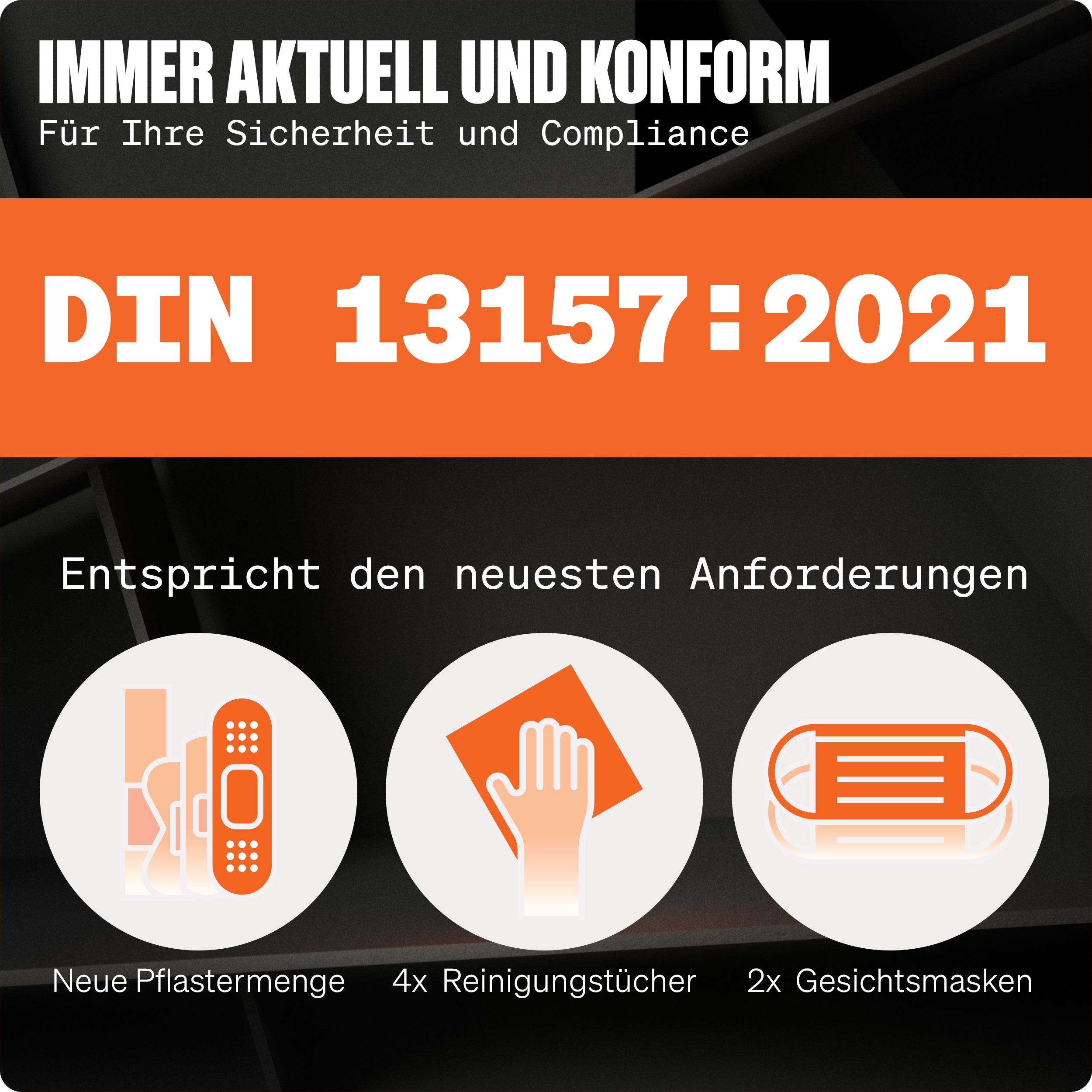 Werkstein Nachfüllset DIN 13157:2021 Übersicht Inhalt Pflaster Masken Reinigungstücher