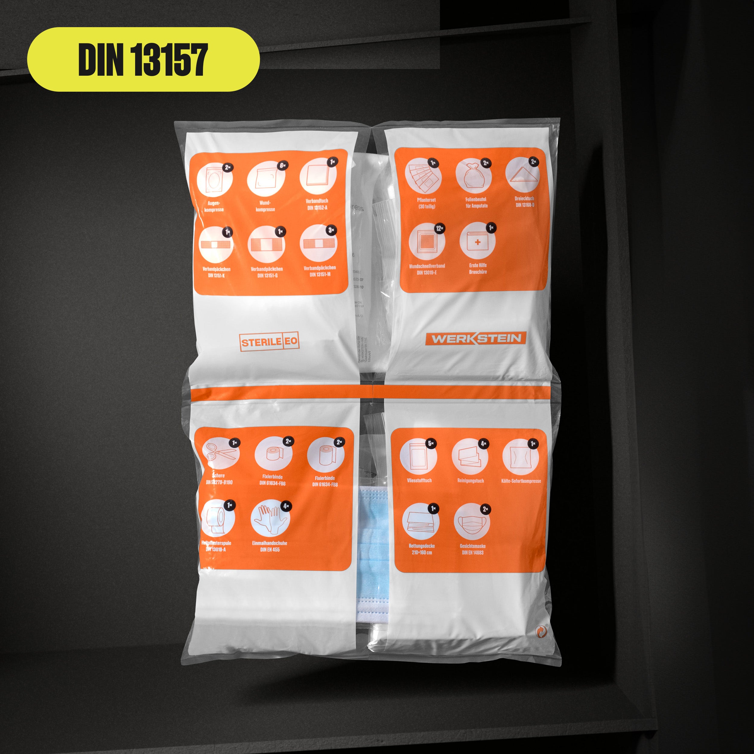 Werkstein Nachfüllset DIN 13157 Verpackung mit Aufteilung Fächer Inhaltsetikett orange weiß