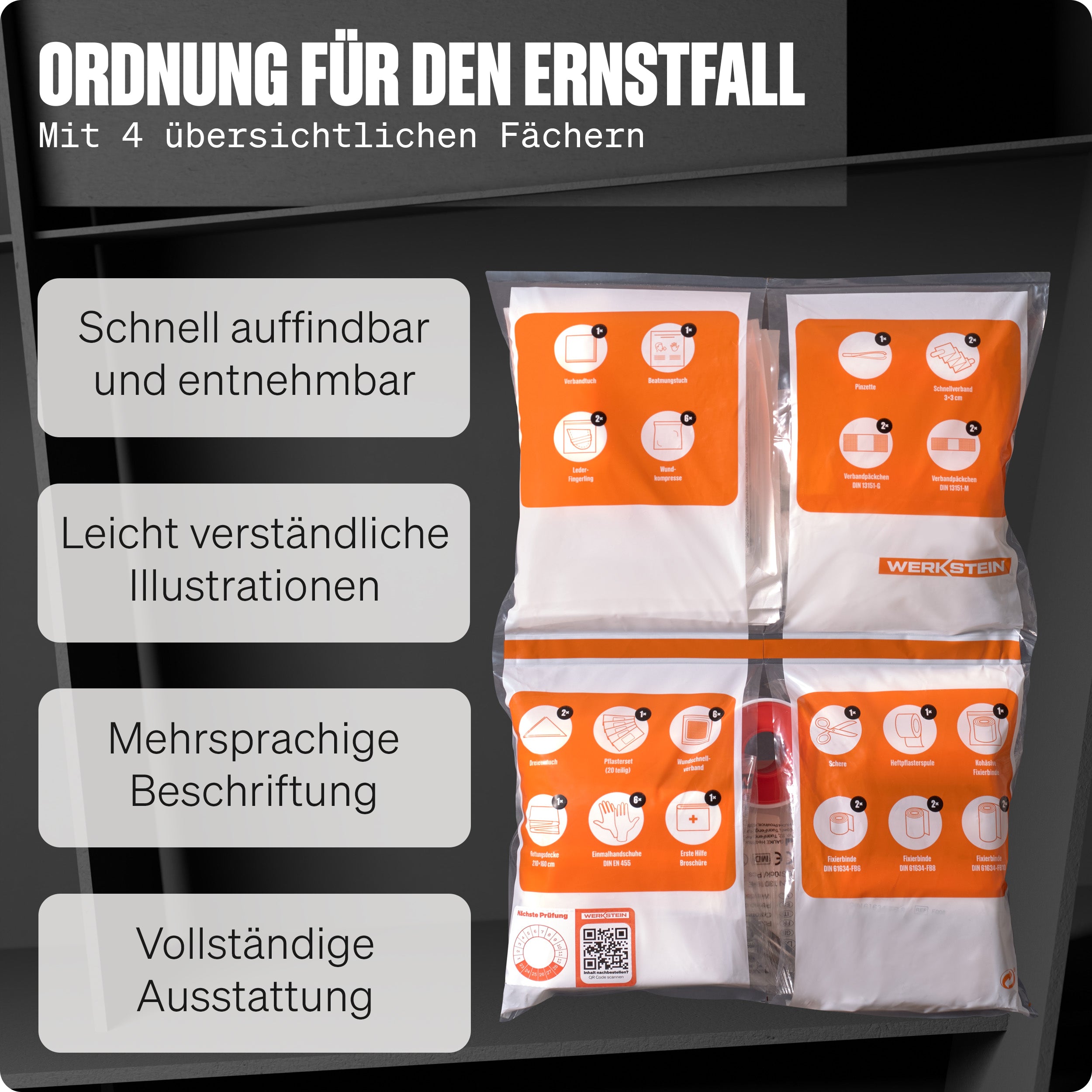 Werkstein Nachfüllset DIN 13157 mit vier übersichtlichen Fächern und klarer Beschriftung