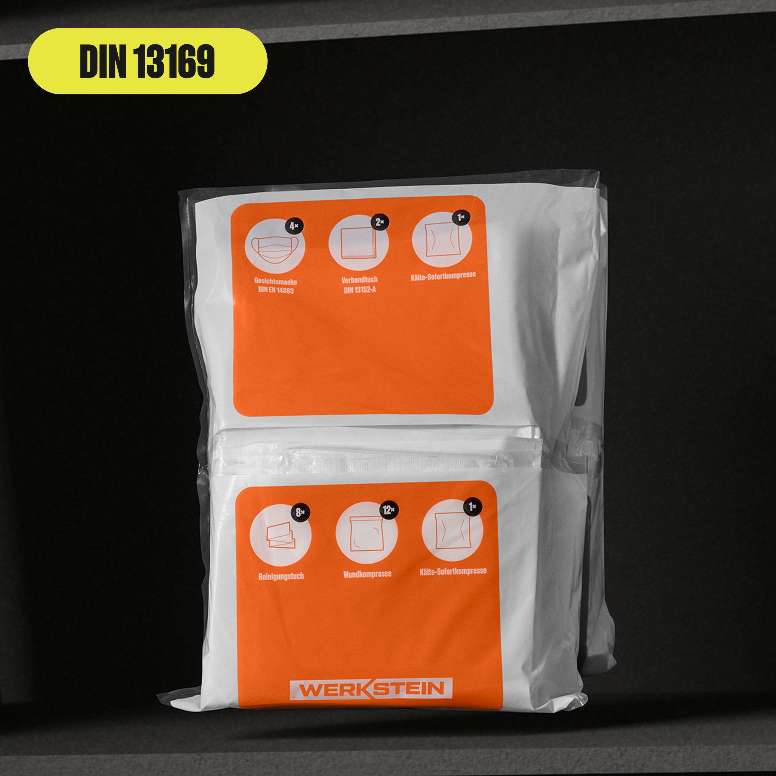 Werkstein Nachfüllset DIN 13169 Verpackung mit Beschriftung und Fächern orange Etikett