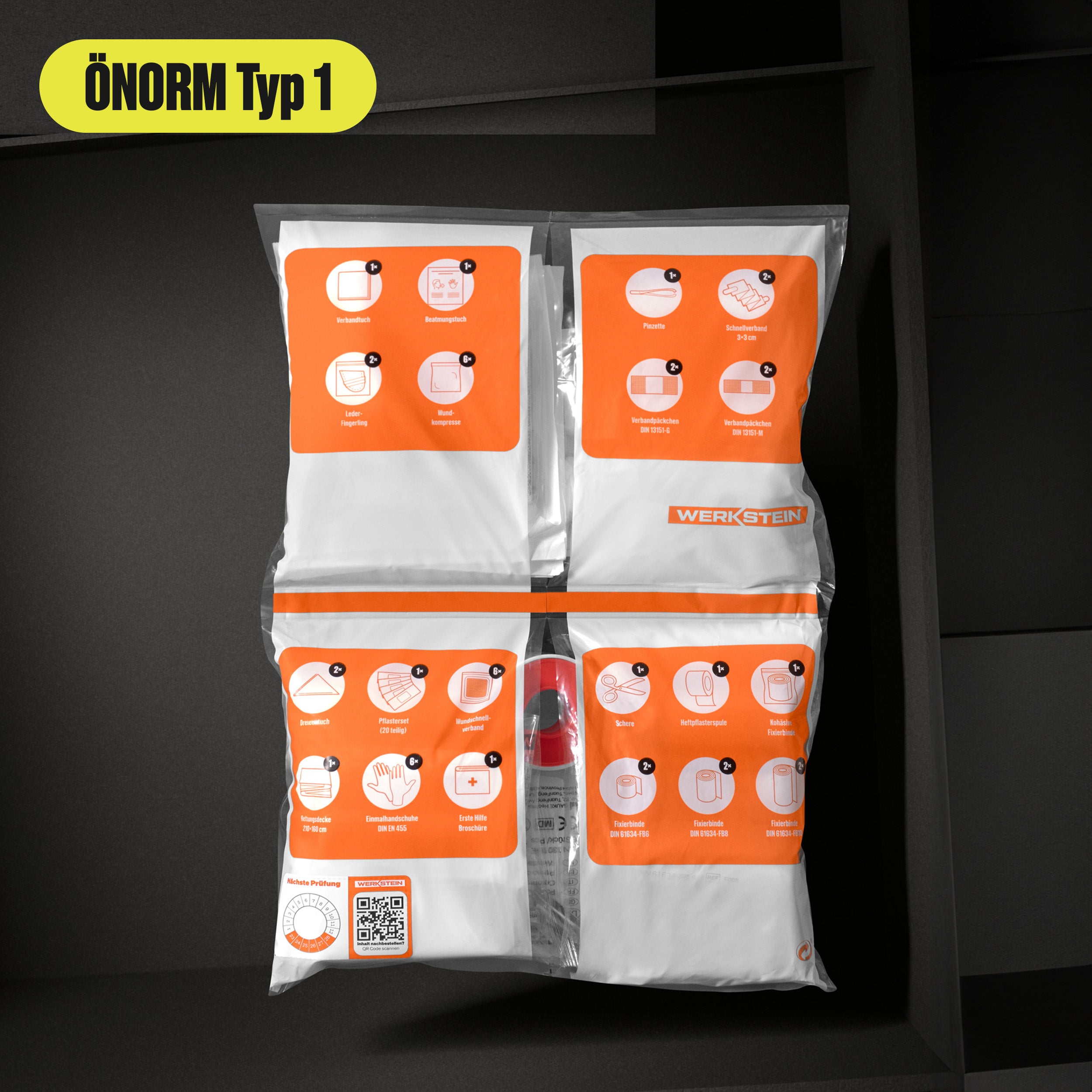 Werkstein Nachfüllset ÖNORM Z1020 Typ 1 Verpackung mit Fächern und Etiketten orange weiß