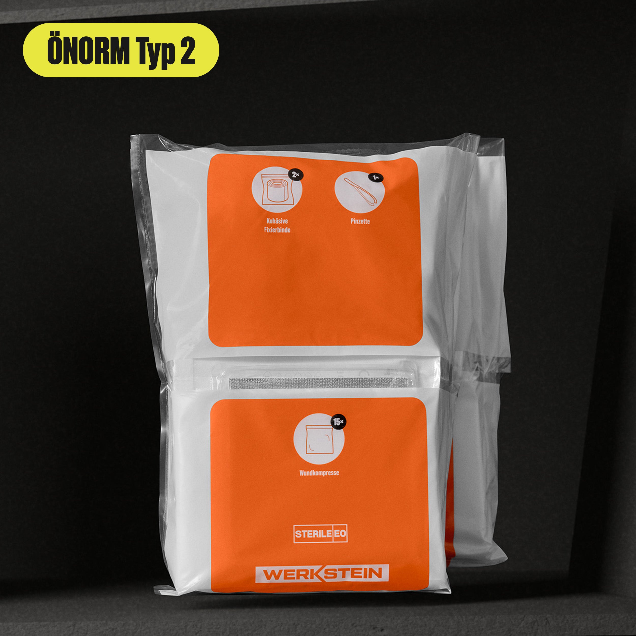 Werkstein Nachfüllset ÖNORM Z1020 Typ 2 Verpackung mit übersichtlichen Fächern orange Etikett