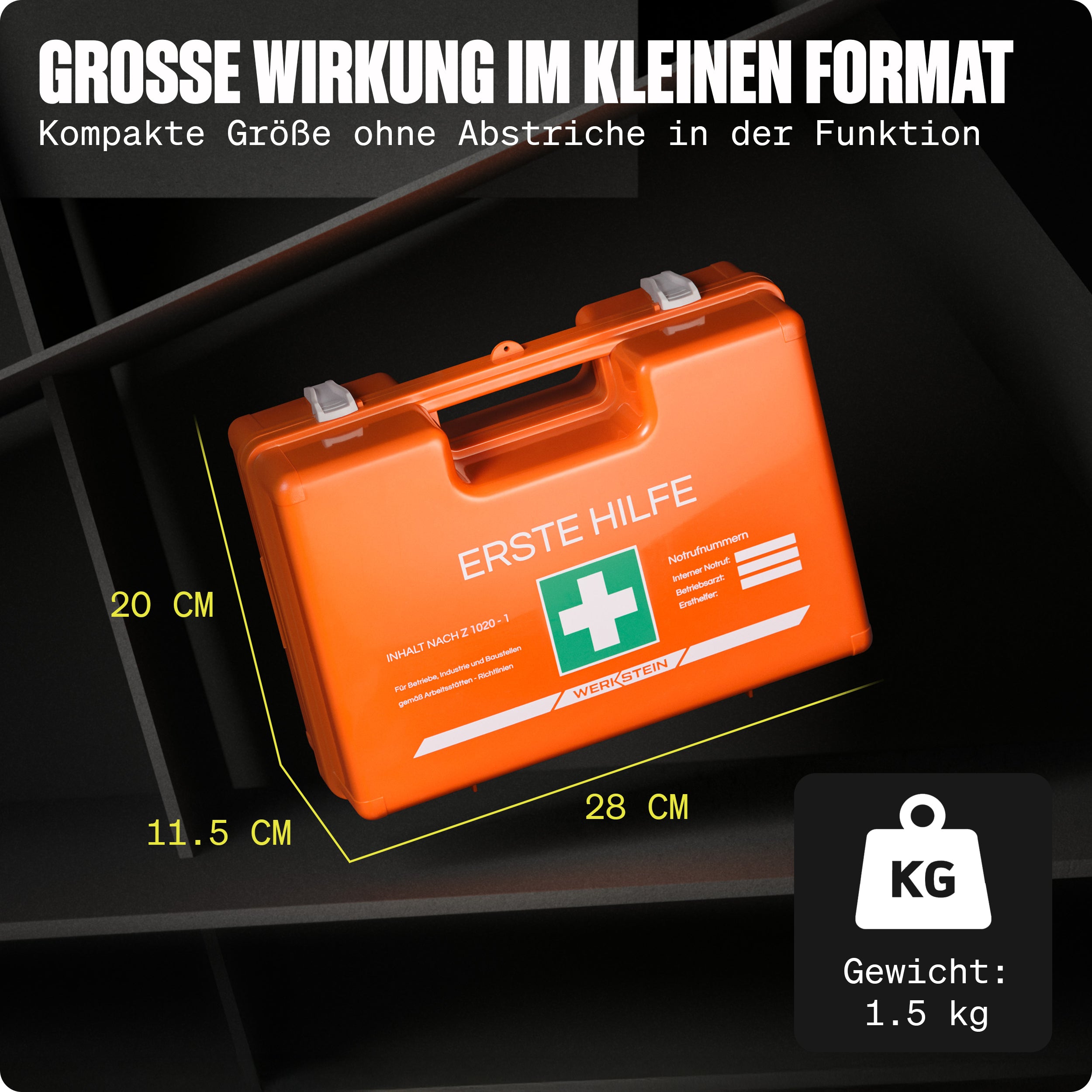 Werkstein Erste Hilfe Koffer ÖNORM Z1020 Typ 1 mit Abmessungen und Gewicht