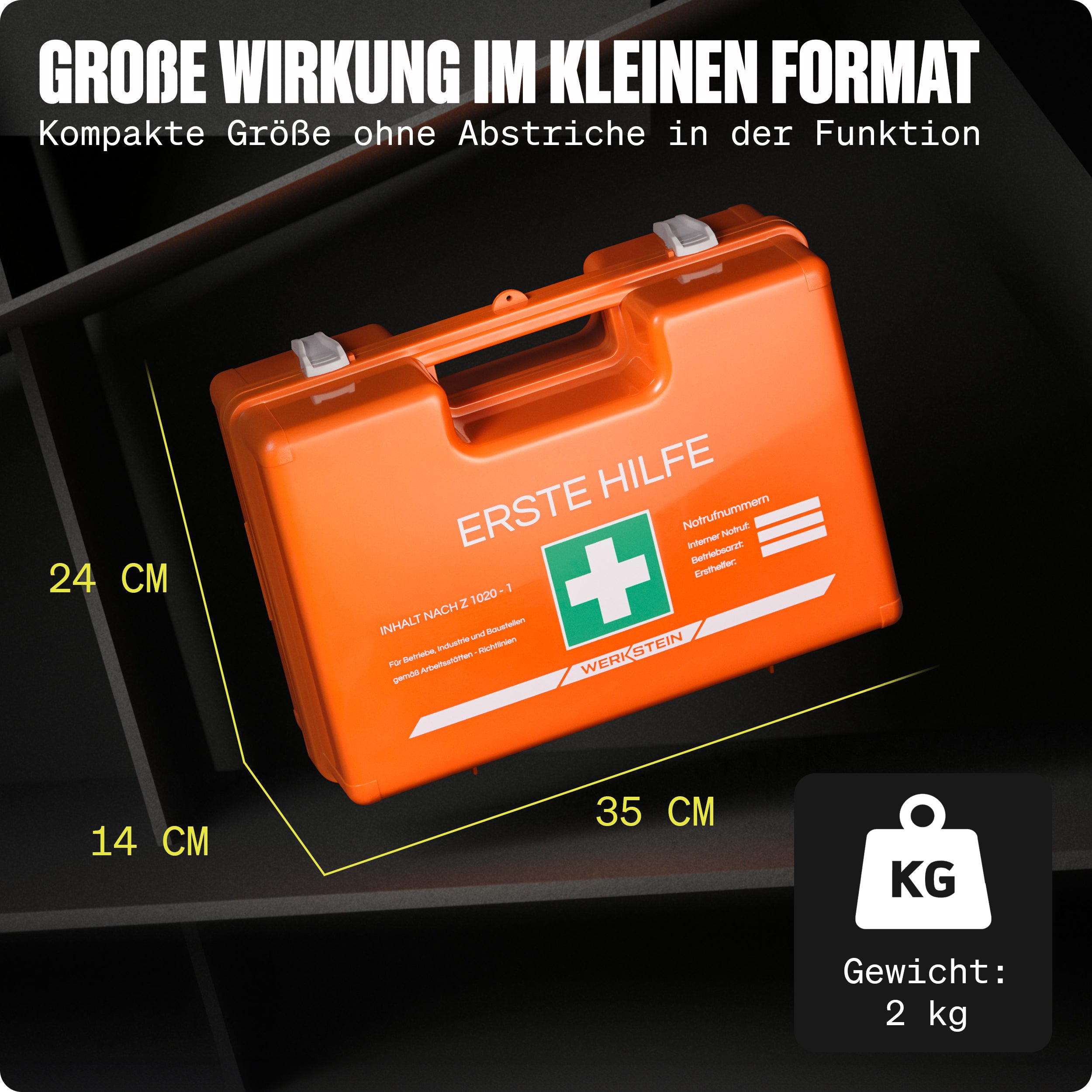 Werkstein Erste Hilfe Koffer ÖNORM Z1020 Typ 1 mit Abmessungen 35x24x14 cm und Gewicht