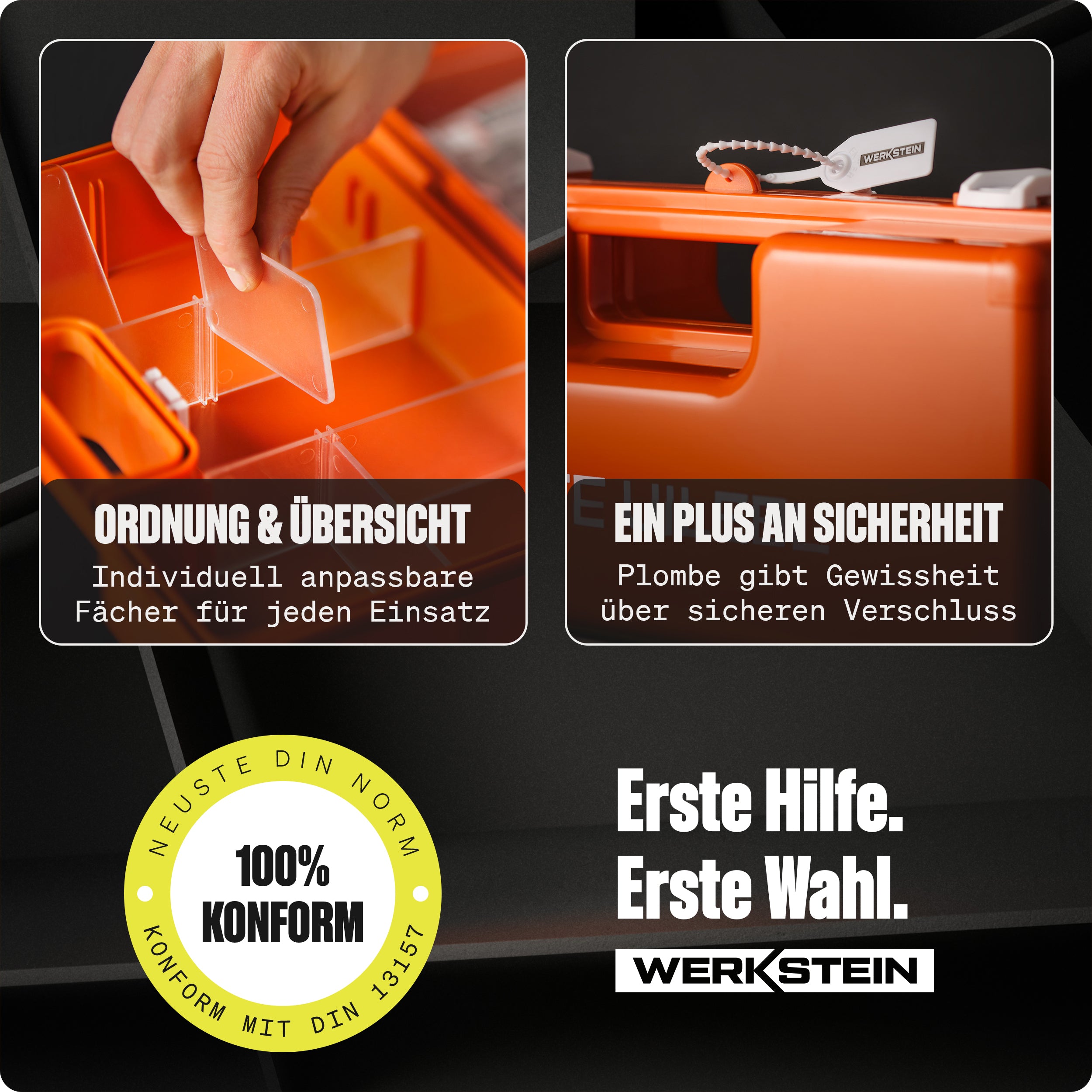 Werkstein Erste Hilfe Koffer ÖNORM Z1020 Typ 1 mit individuell anpassbarer Fächeraufteilung