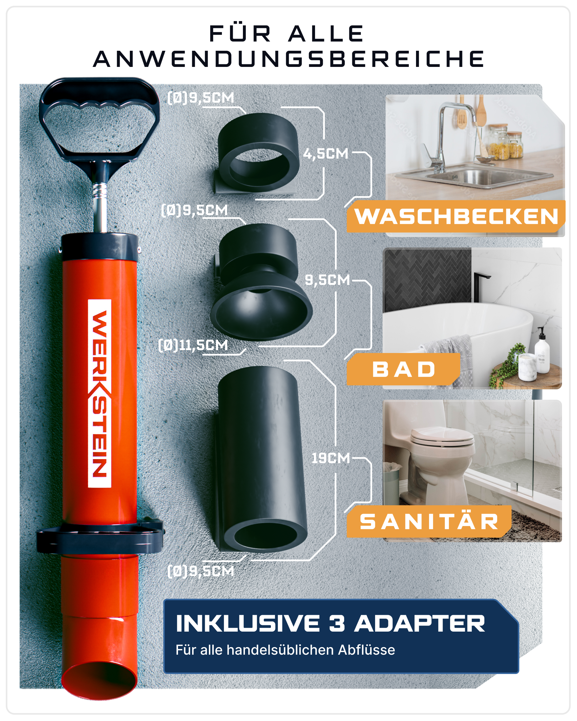 Rohrreinigungspumpe von Werkstein mit 3 Adaptern für Waschbecken, Badewanne und Toilette – geeignet für handelsübliche Abflüsse