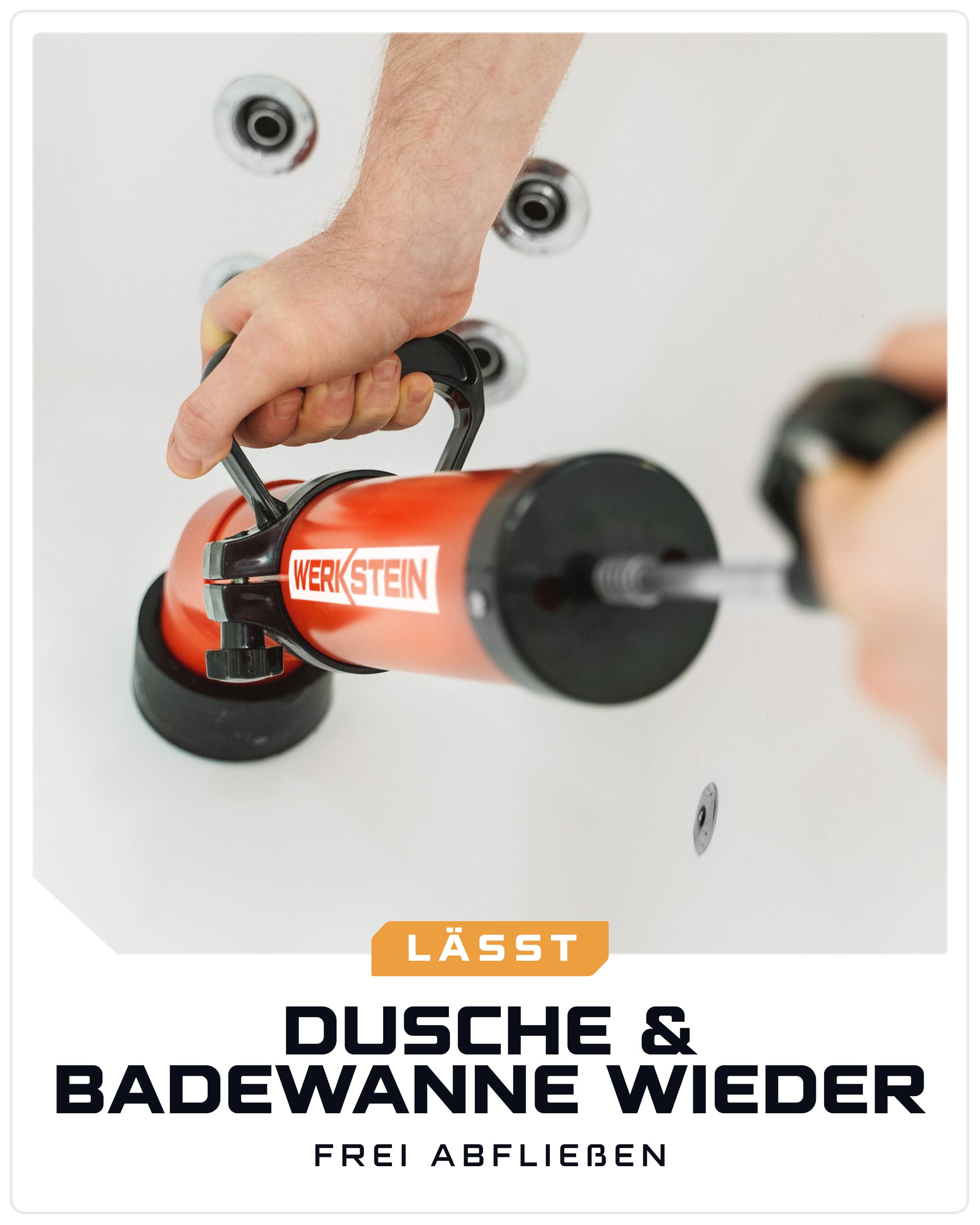 Rohrreinigungspumpe von WERKSTEIN im Einsatz an Dusche oder Badewanne zur effektiven Beseitigung von Abflussverstopfungen