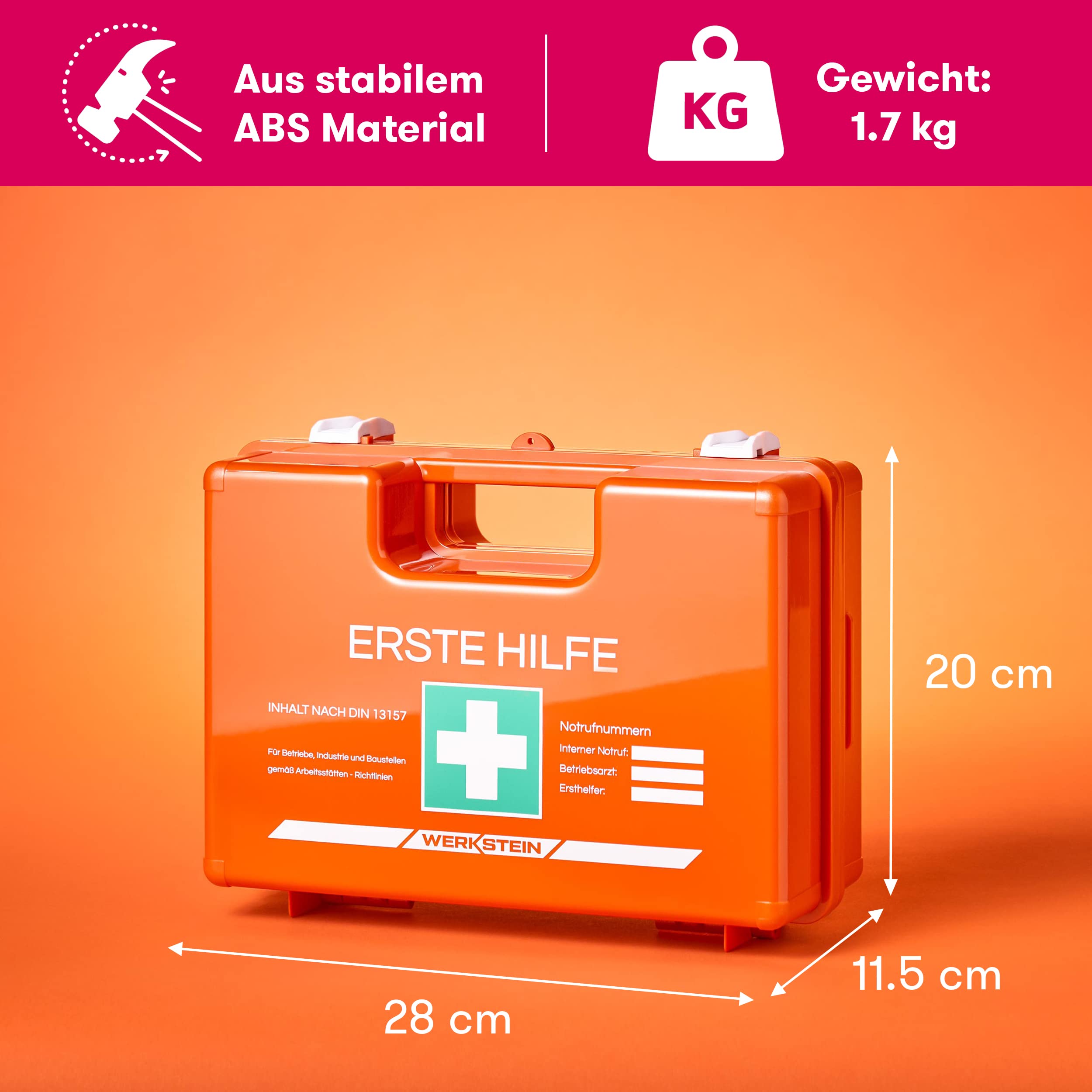 Erste Hilfe Kasten I nach neuer DIN 13157:2021 I inkl. Ibox 1 mit Augenspülflasche 500ml (Natriumchlorid-Lösung)