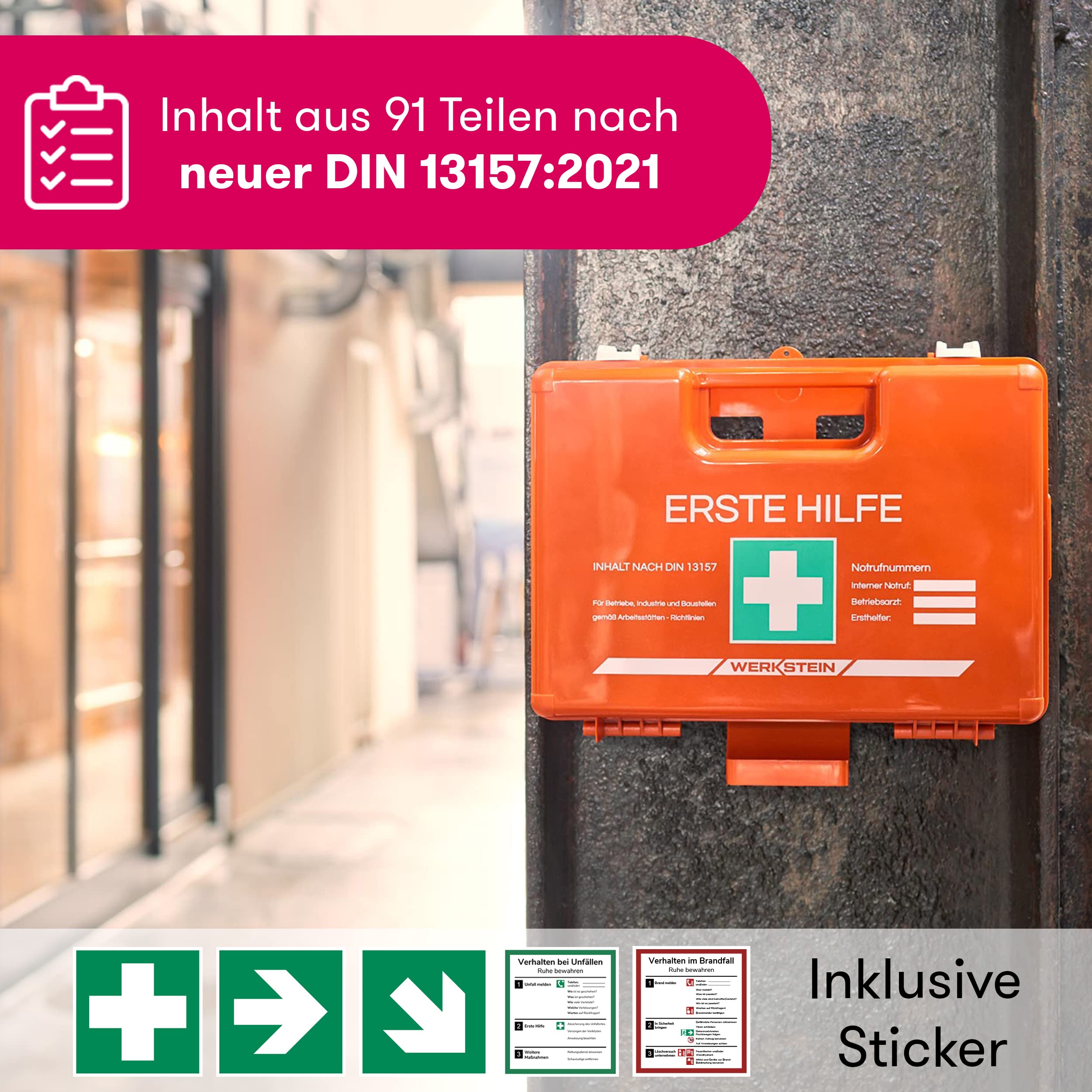 Erste Hilfe Kasten I nach neuer DIN 13157:2021 I inkl. Ibox 1 mit Augenspülflasche 500ml (Natriumchlorid-Lösung)