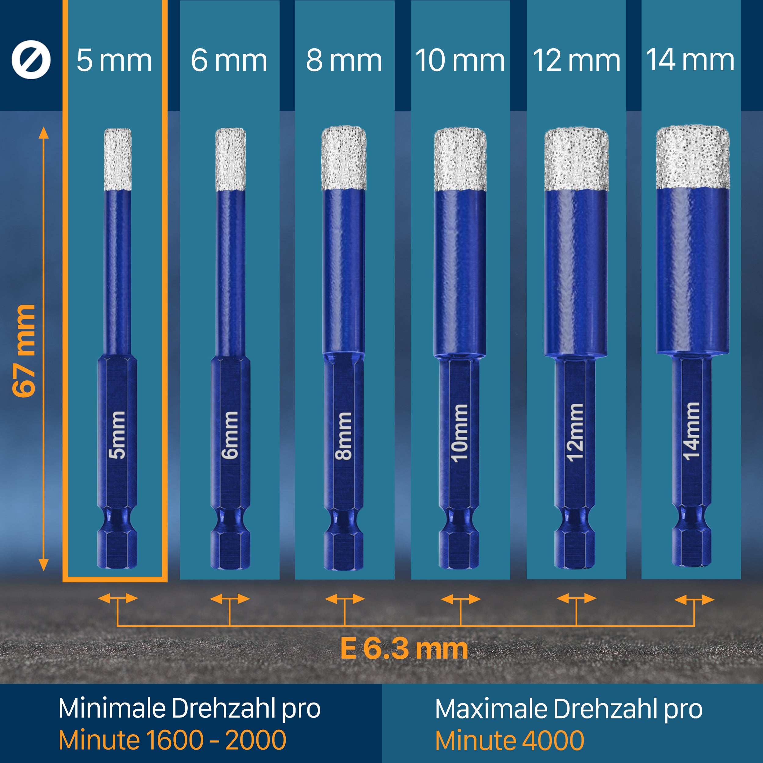 Übersicht aller verfügbaren Werkstein Diamantbohrer von 5 mm bis 14 mm Durchmesser