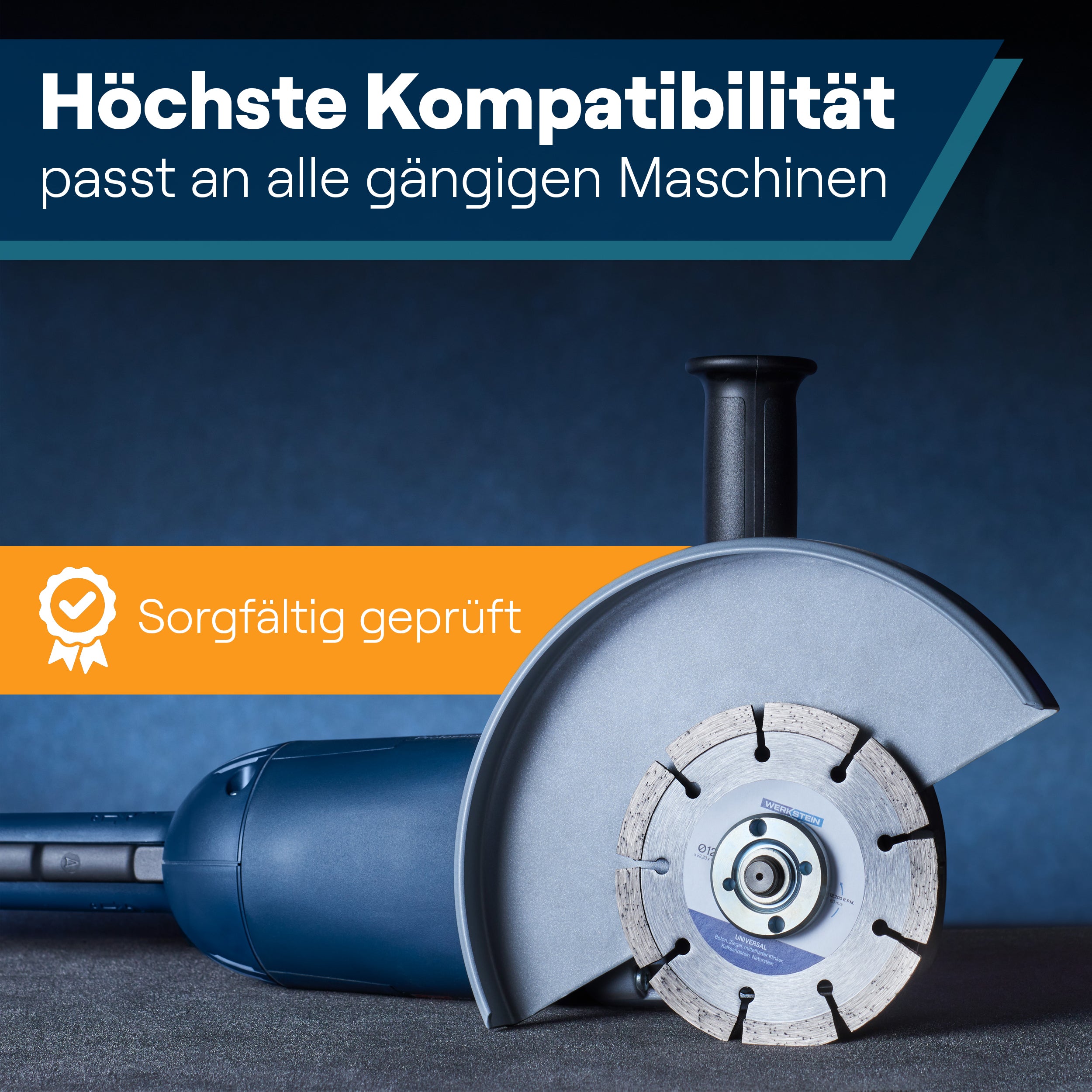 Diamanttrennscheibe 125 mm montiert auf Winkelschleifer – hohe Maschinenkompatibilität und geprüfte Qualität