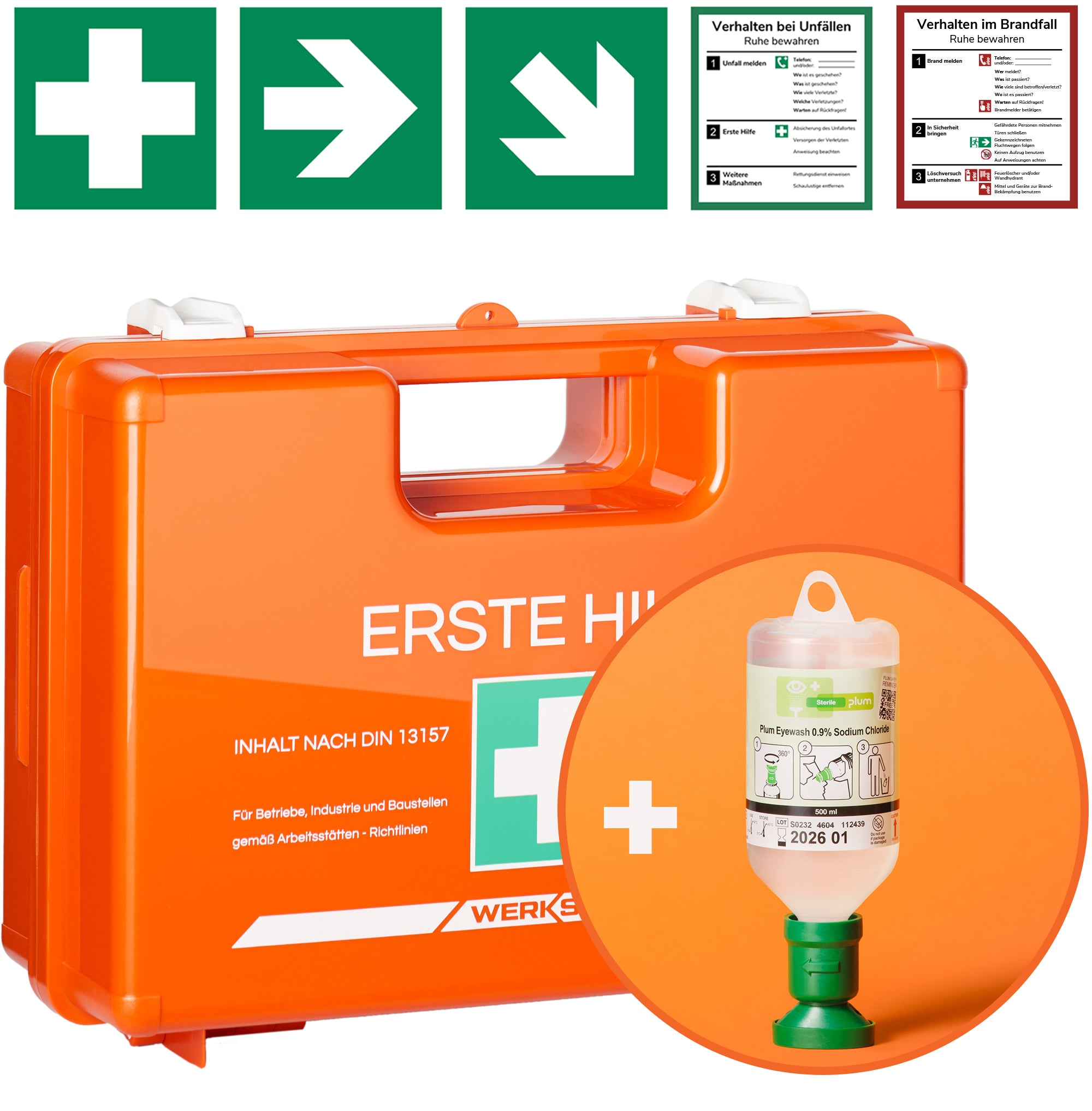 Erste Hilfe Kasten I nach neuer DIN 13157:2021 I inkl. Augenspülflasche 500ml (Natriumchlorid-Lösung)