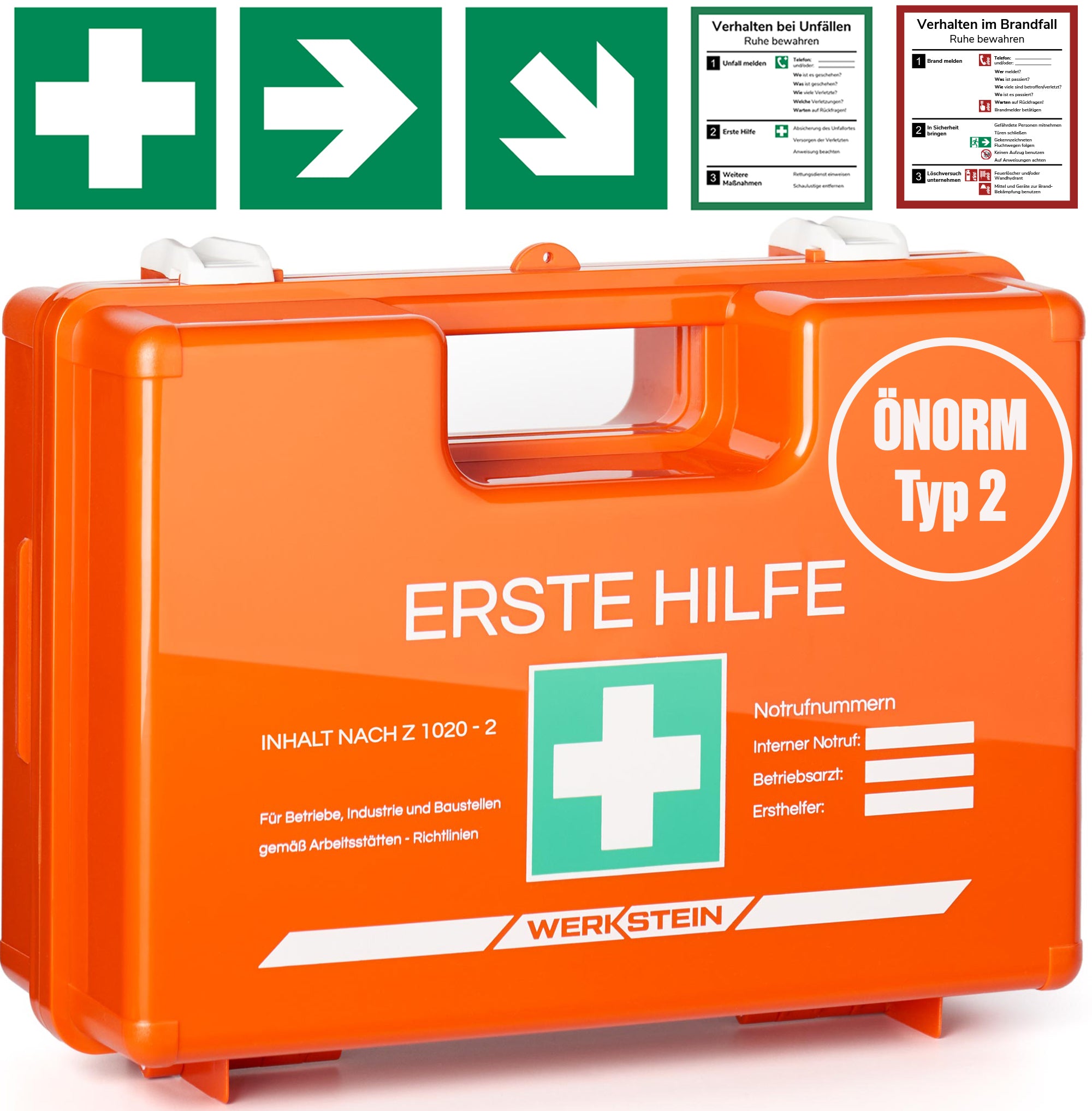 Werkstein Erste Hilfe Kasten ÖNORM Z1020 Typ 2 Frontansicht orange mit weißem Kreuz für Betriebe