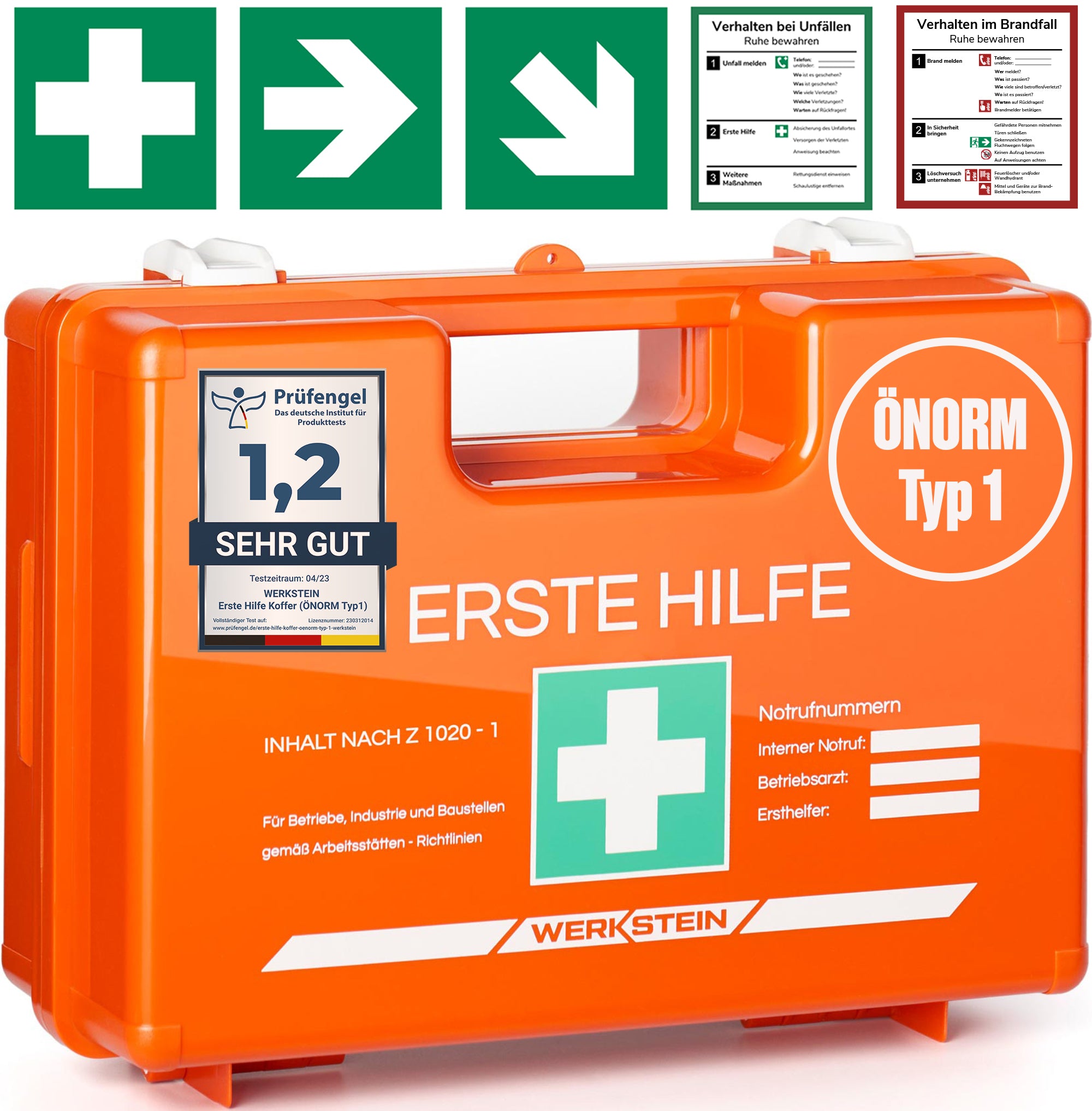 Werkstein Erste Hilfe Koffer ÖNORM Z1020 Typ 1 Frontansicht mit Prüfengel Siegel