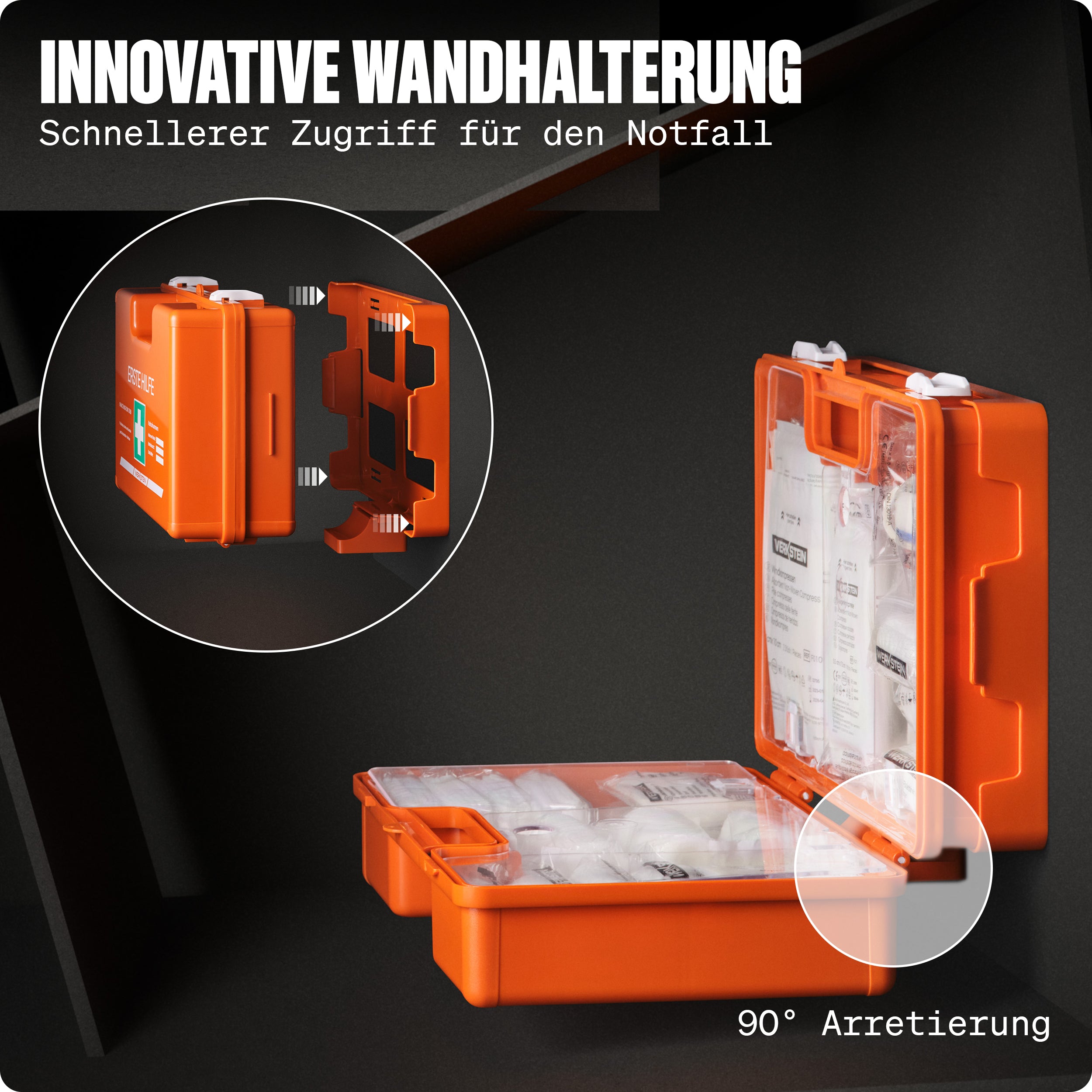 Werkstein Erste Hilfe Koffer ÖNORM Z1020 Typ 1 mit innovativer Wandhalterung und 90 Grad Arretierung