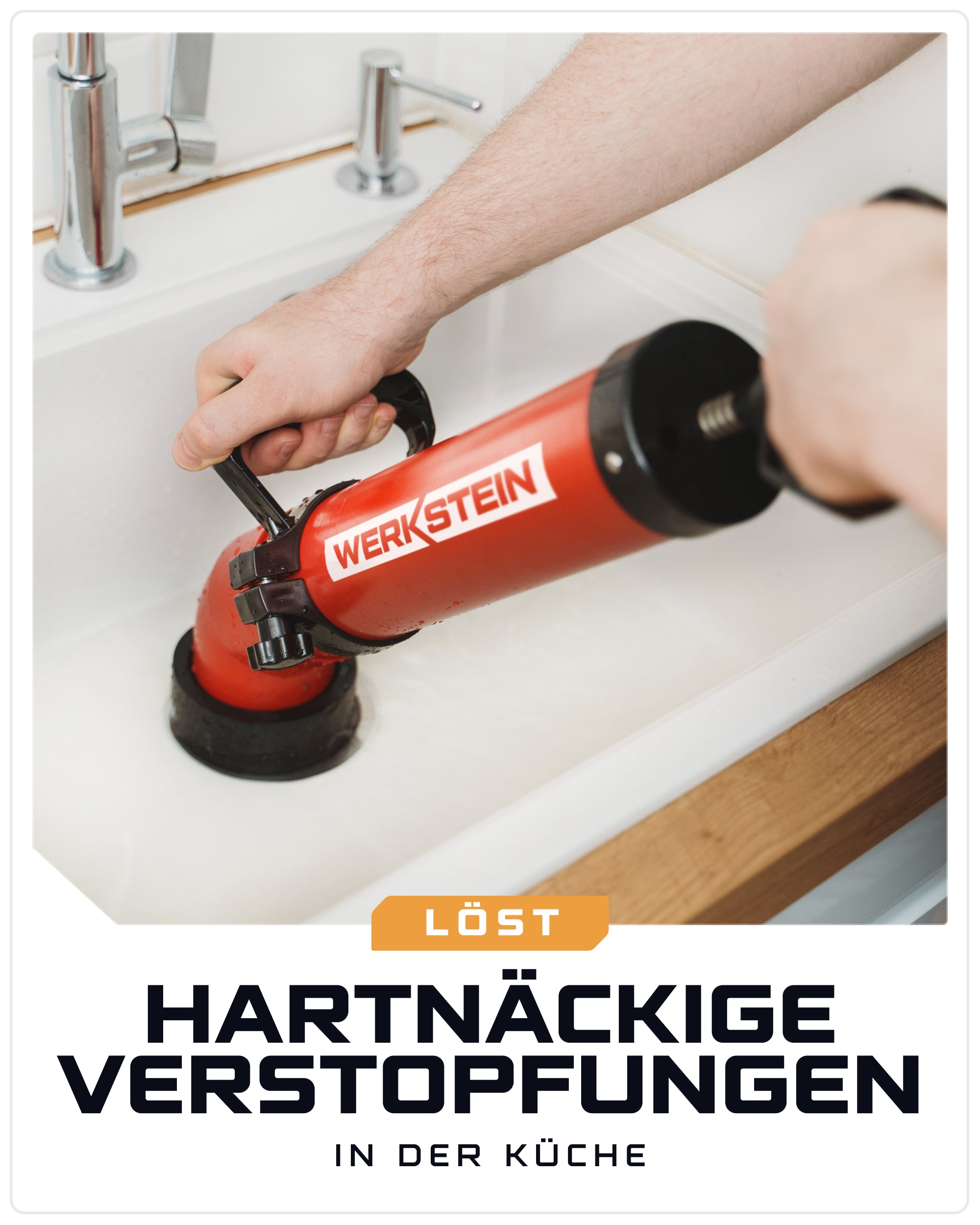 Küchenanwendung der WERKSTEIN Rohrreinigungspumpe zur Lösung hartnäckiger Abflussverstopfungen