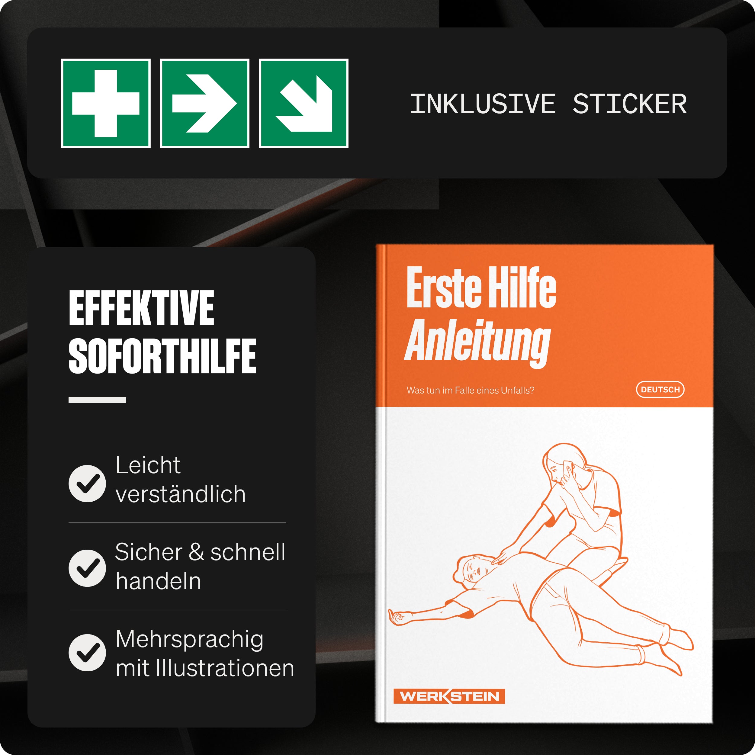 Erste-Hilfe-Anleitung mit mehrsprachigen Illustrationen + Rettungszeichen-Sticker