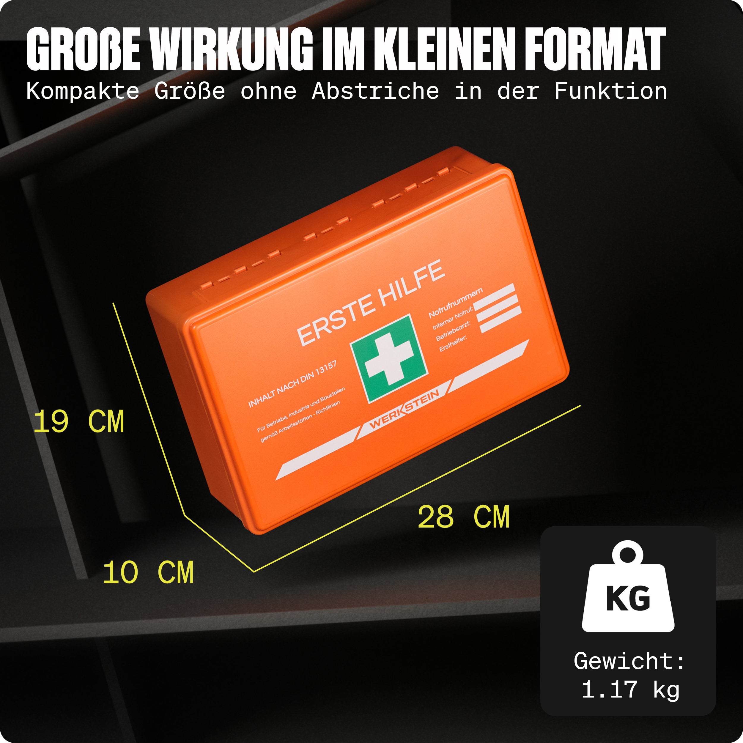 Kompakte Maße des Werkstein Erste-Hilfe-Koffers: 28 × 19 × 10 cm, Gewicht 1,17 kg
