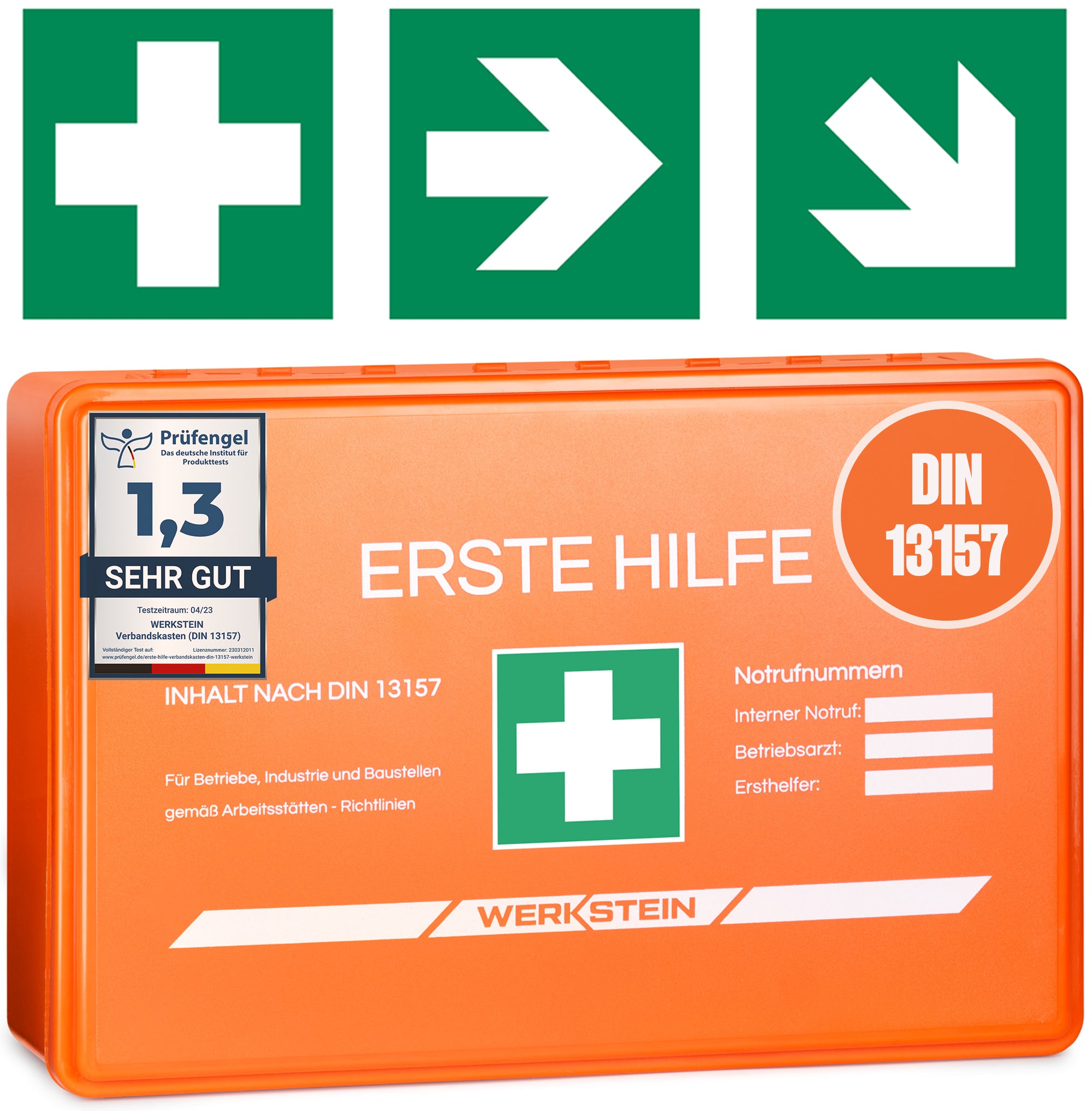 Werkstein Erste-Hilfe-Koffer nach DIN 13157:2021 – Vorderseite mit Prüfzeichen und Notruf-Feld