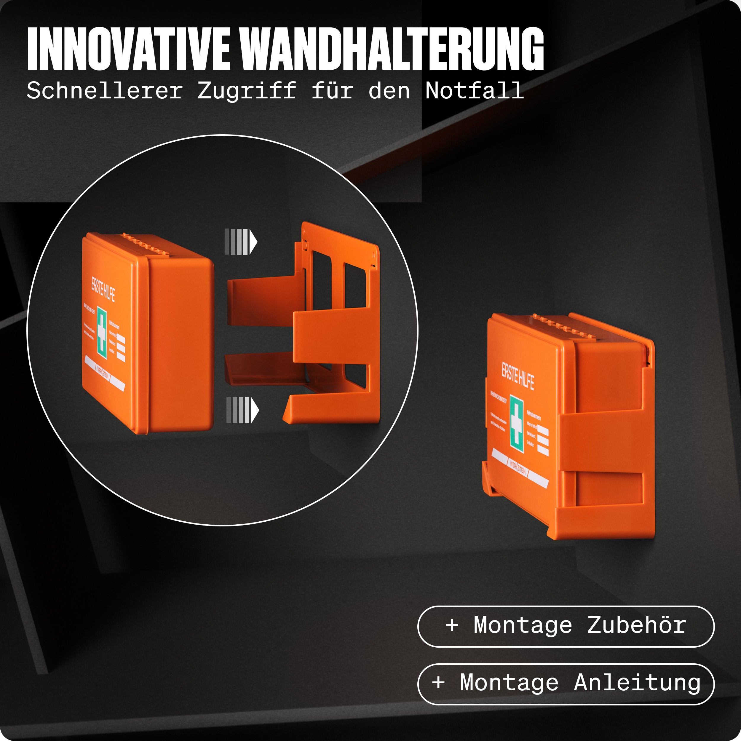 Wandhalterung des Werkstein Erste-Hilfe-Koffers für schnellen Zugriff im Notfall
