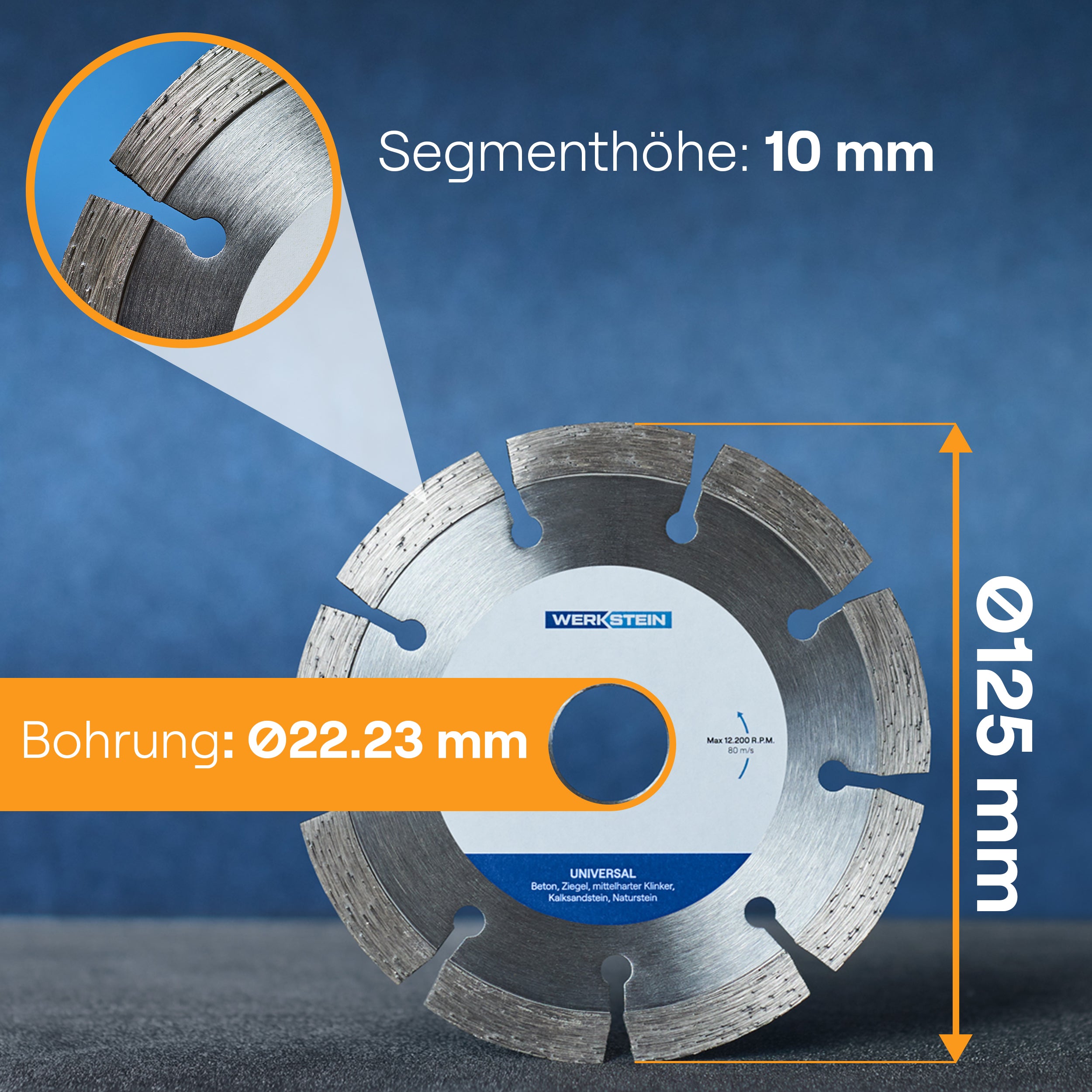 Diamanttrennscheibe mit 125 mm Durchmesser, 10 mm Segmenthöhe und 22,23 mm Bohrung
