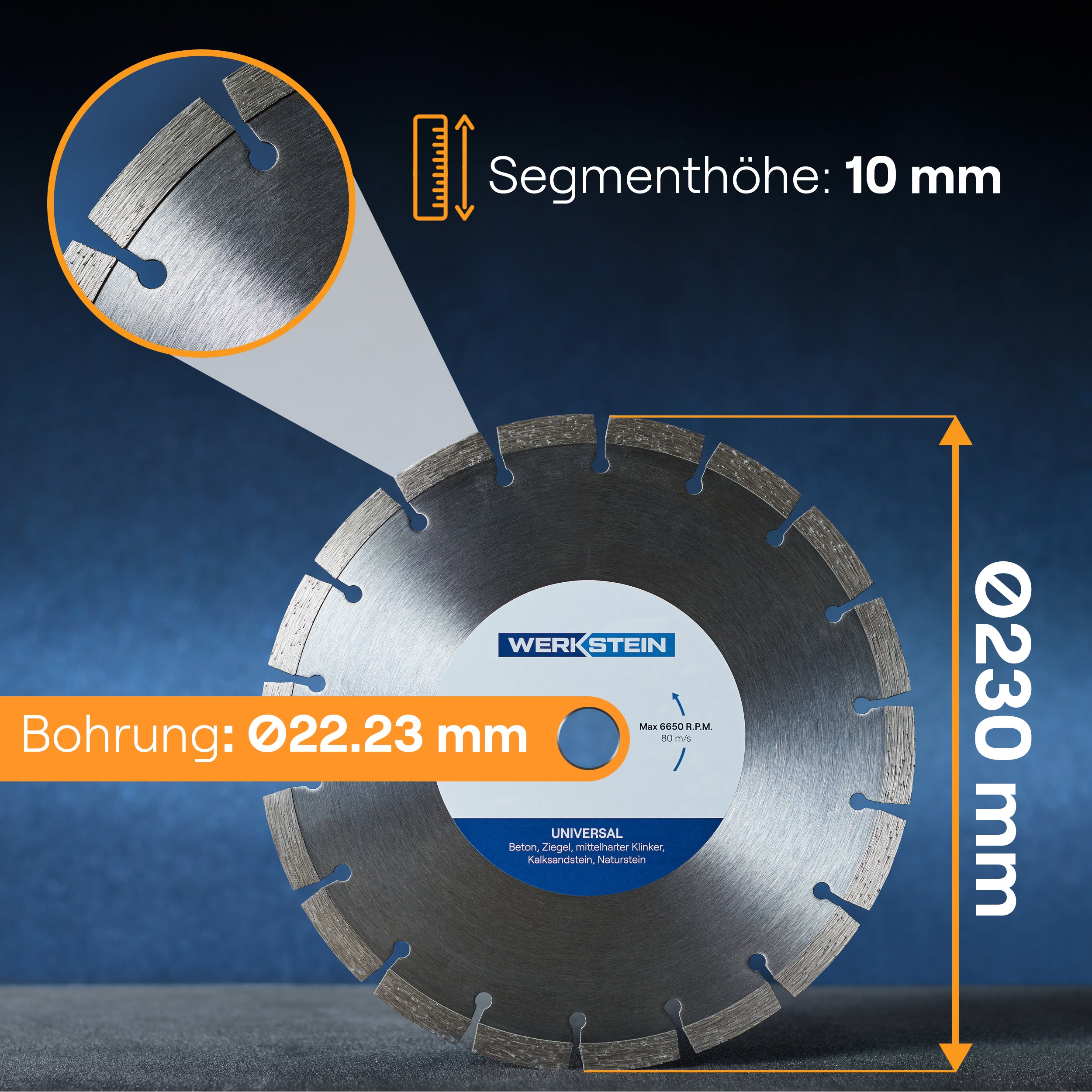 Technische Details: 230 mm Durchmesser, 22,23 mm Bohrung, 10 mm Segmenthöhe