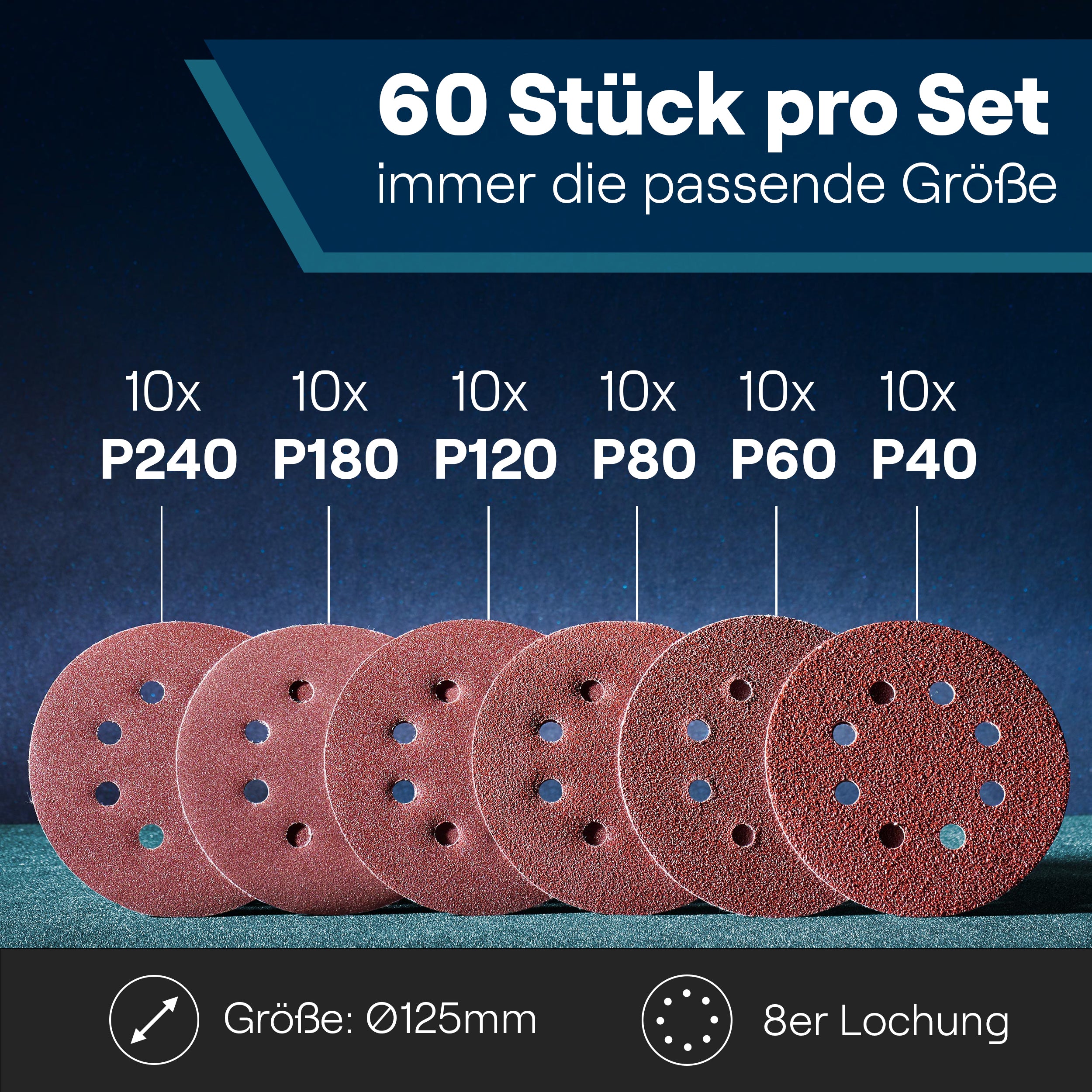 60 Stück Schleifscheiben Ø125 mm mit 8-Loch, je 10x P40, P60, P80, P120, P180, P240