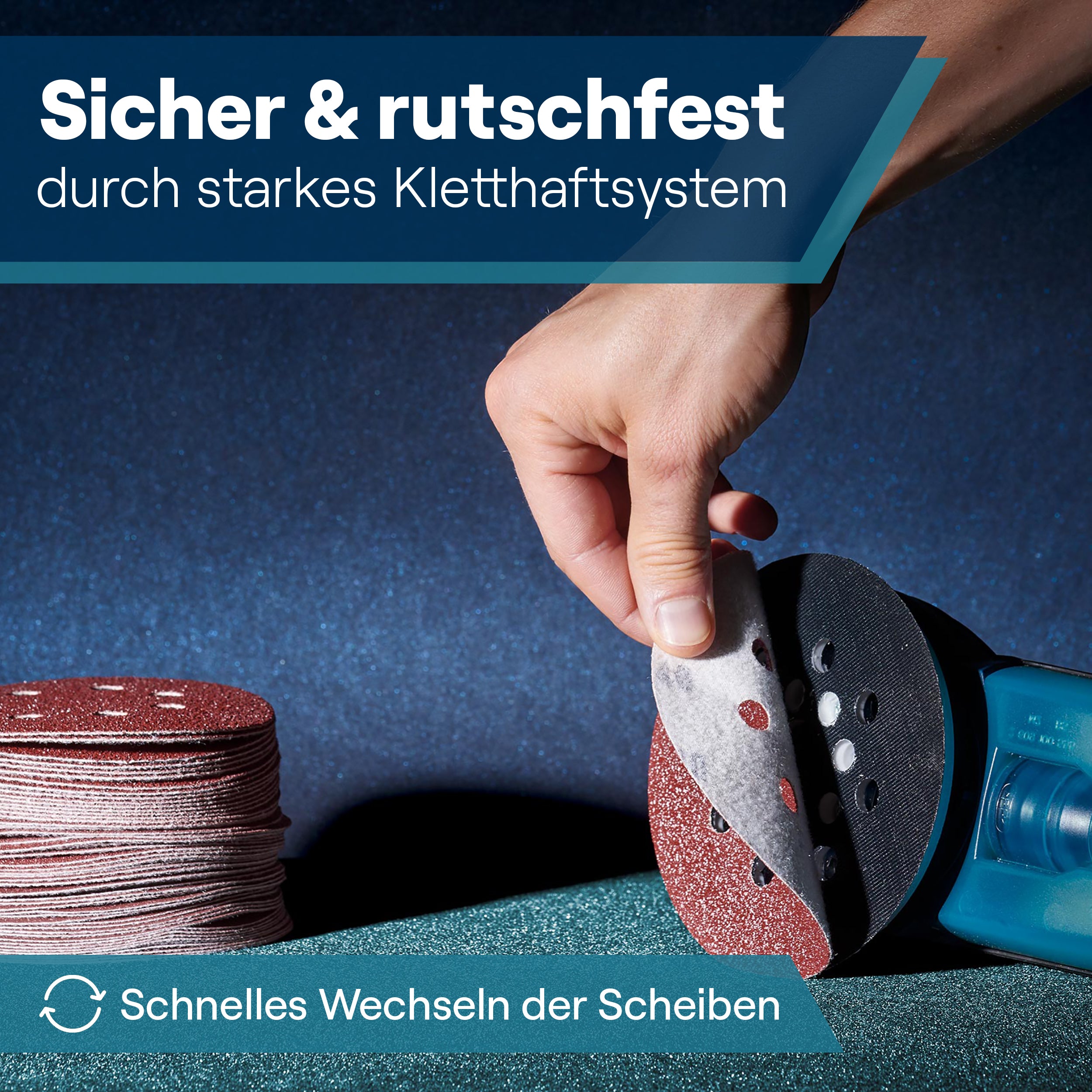 Schleifscheibe mit Klettsystem für sicheren Halt und schnelles Wechseln der Scheiben