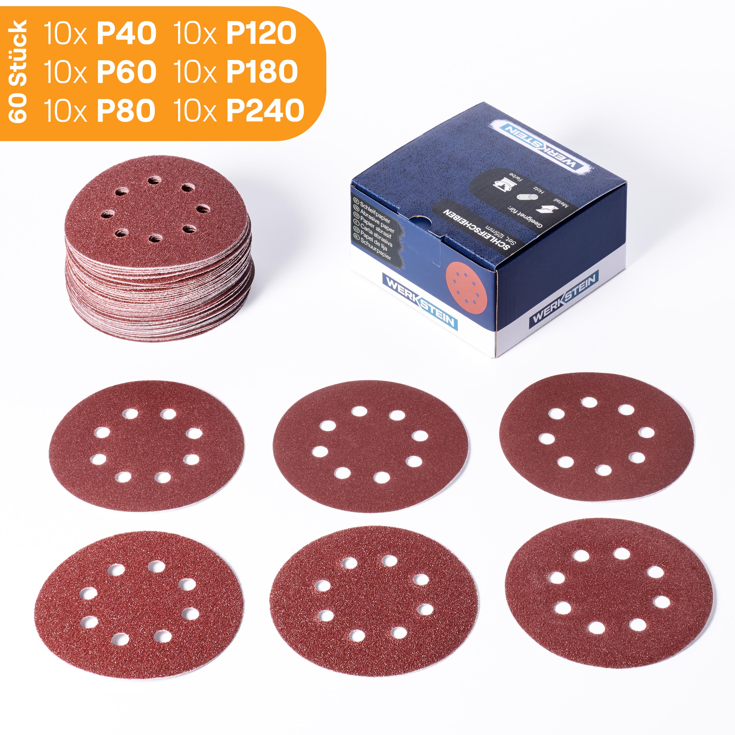 60 Schleifscheiben Ø125 mm mit 8-Loch-Klett in den Körnungen P40 bis P240, Set mit Box
